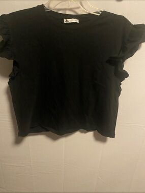 Zara Black Short-Sleeve Ruffle Shoulder Tee